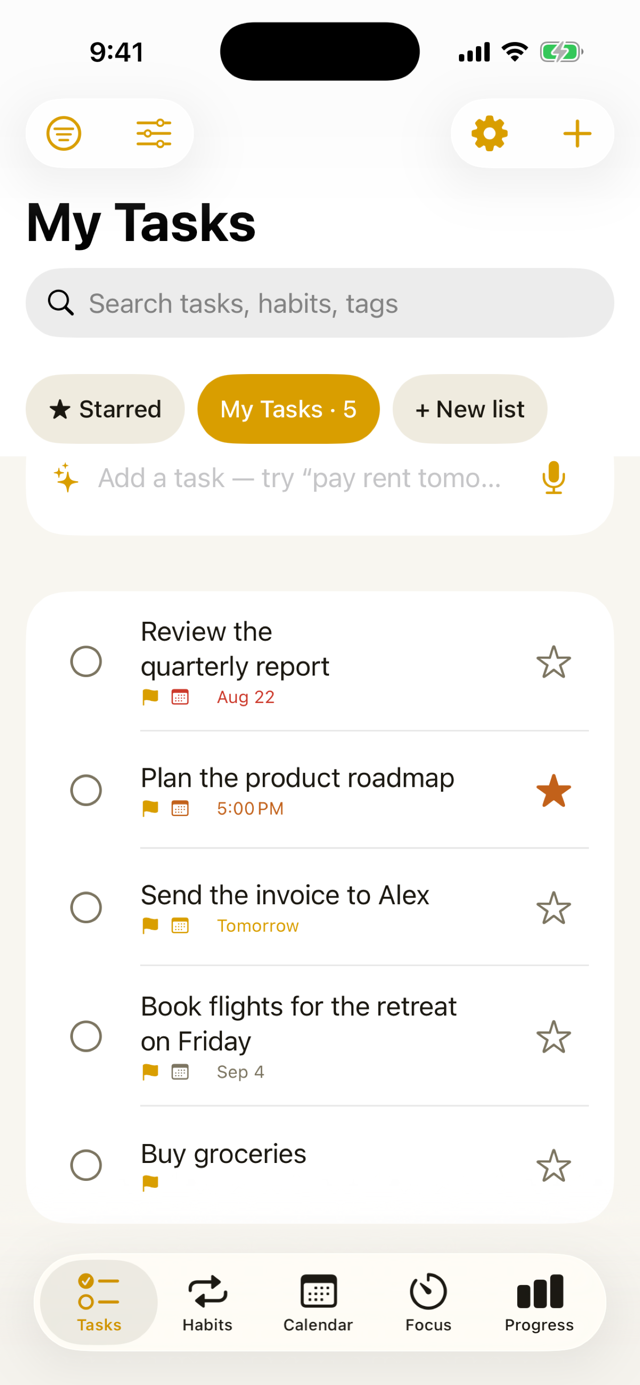 Goaldyn task list with due dates color-coded by urgency